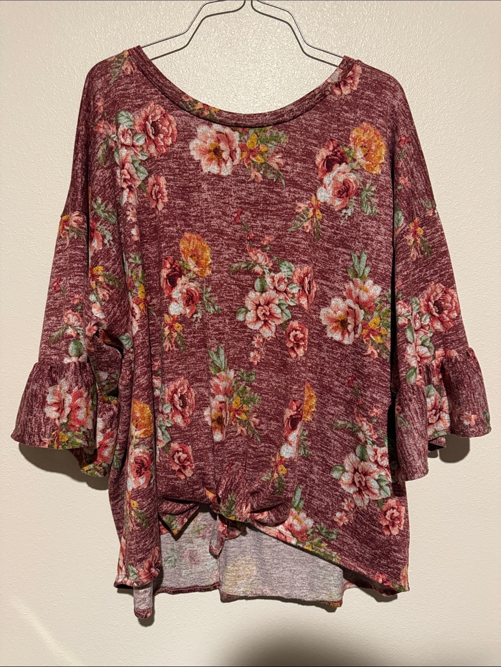 Maroon Floral Tie-Front Tunic with Ruffled Sleeves